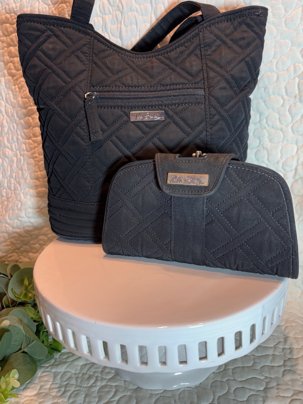 Vera Bradley Black Quilted Tote with Matching Wallet